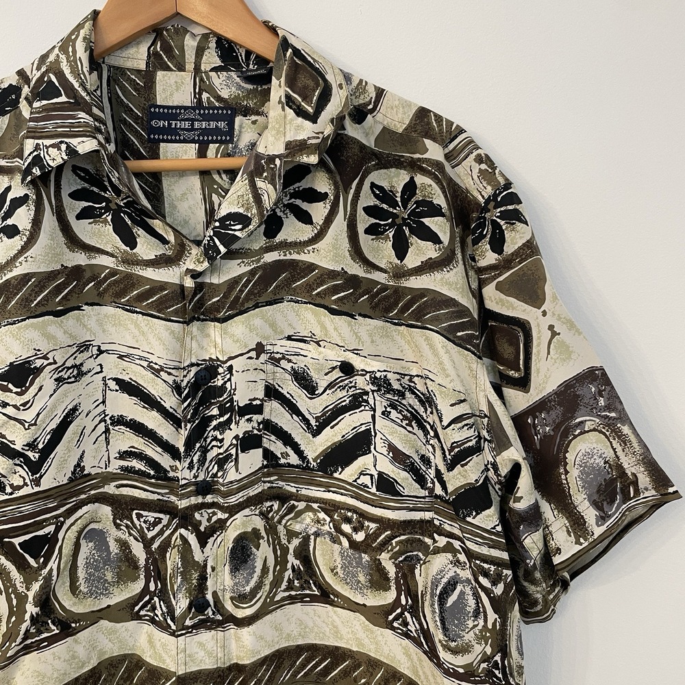 Vintage ON THE BRINK Silk Shirt Mens Medium Retro 90s Earthy Tribal Boho Grunge - Picture 8 of 14